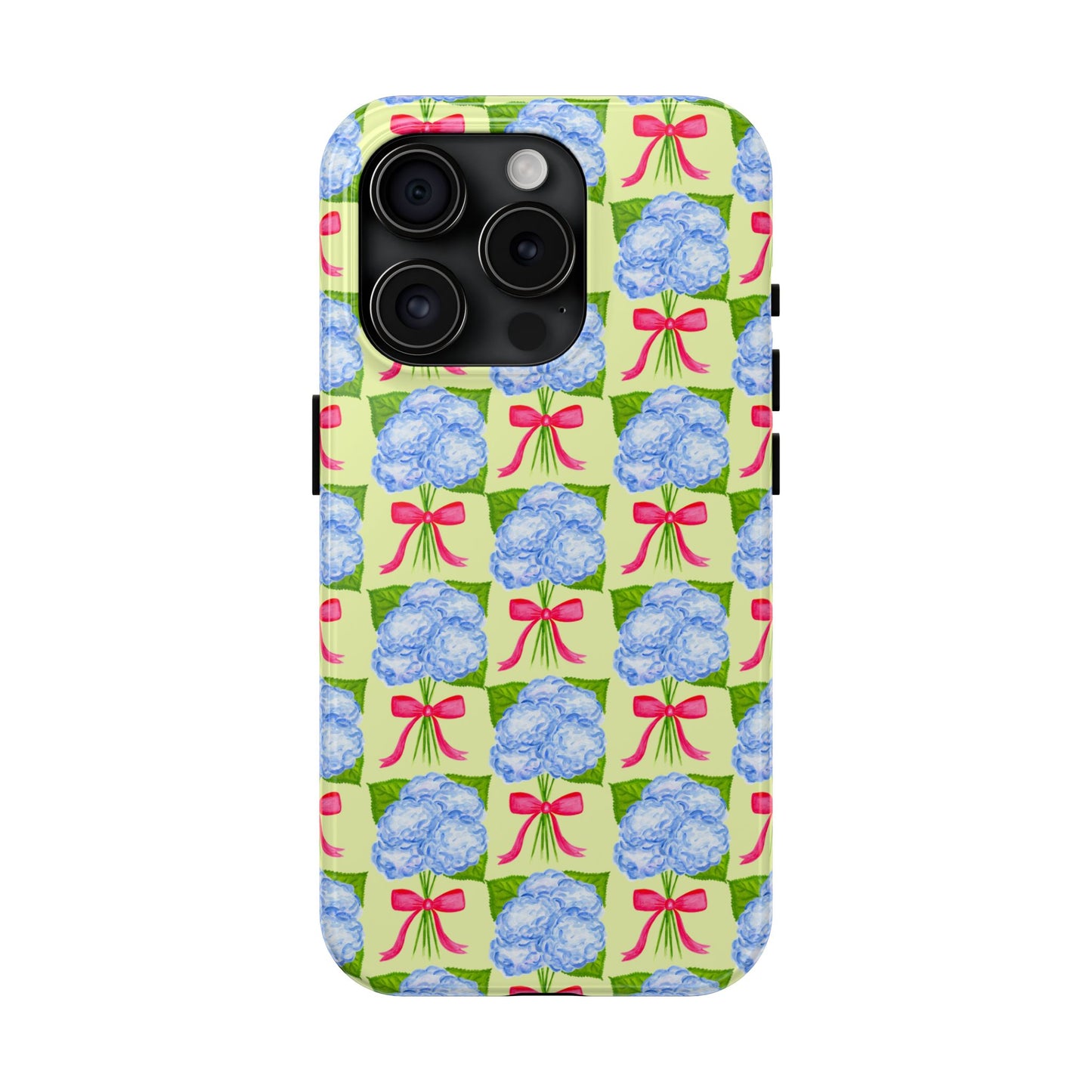 Blue Watercolor Hydrangea Bouquets with Hot Pink Bows Illustrated Patterned Yellow Preppy Grand Millenial Tough Phone Case | Various Models