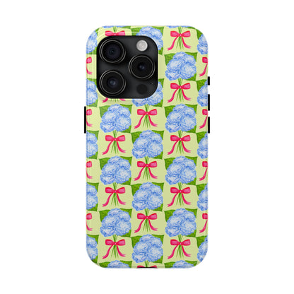 Blue Watercolor Hydrangea Bouquets with Hot Pink Bows Illustrated Patterned Yellow Preppy Grand Millenial Tough Phone Case | Various Models