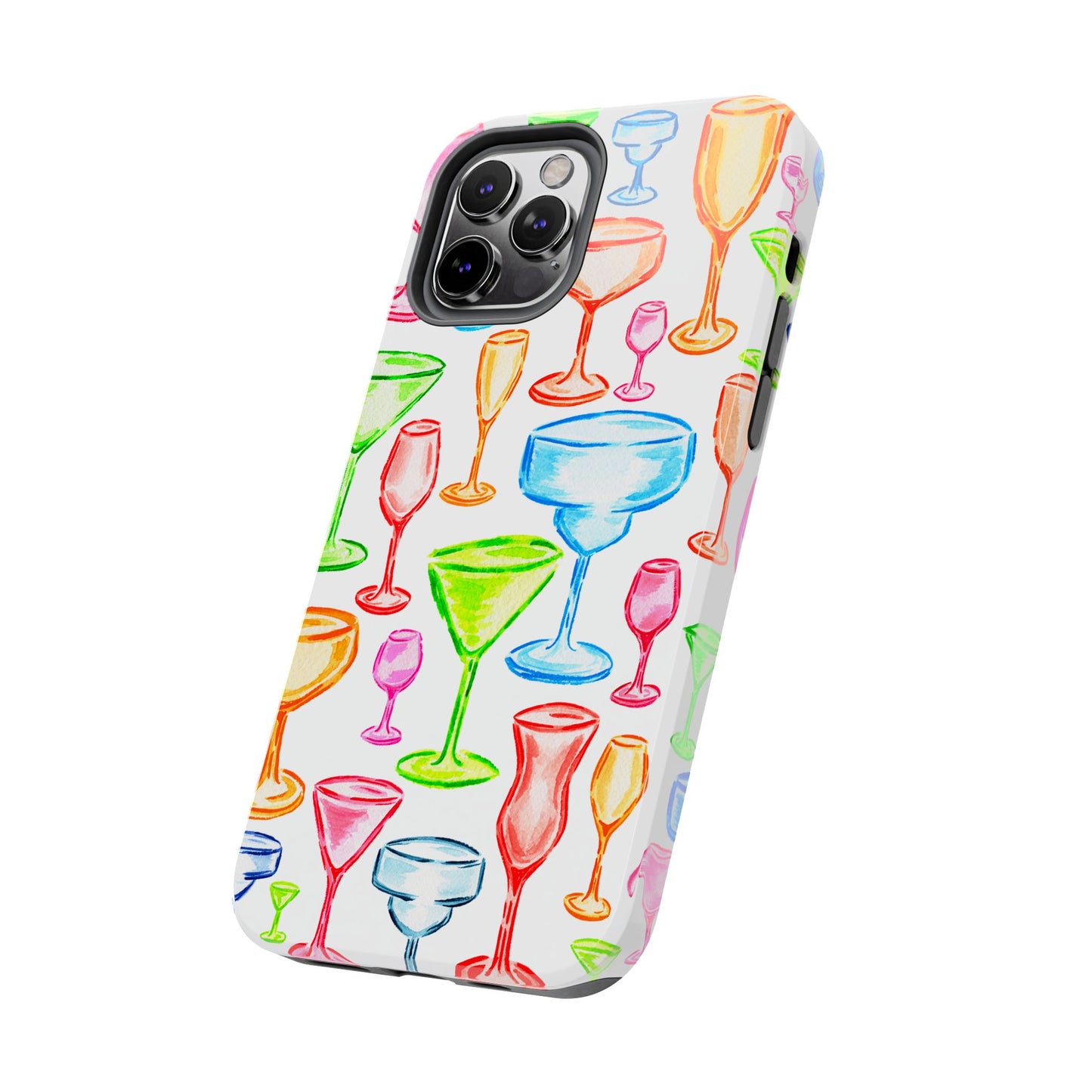 Monochromatic Margarita, Wine, Martini, and Champagne Flute Cocktail Glasses Watercolor Illustrated Tough Phone Case | Various Models Available