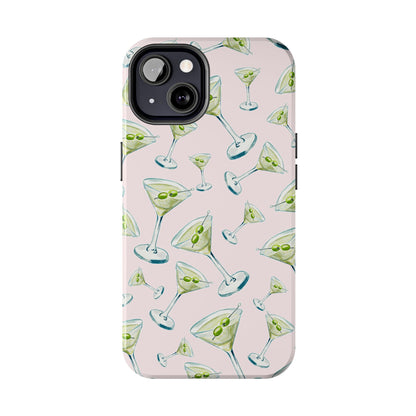 Watercolor Blue and Green Martinis Tossed Illustrated Pattern Blush Pink Tough Phone Case | Various Models