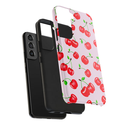 Tossed Red Watercolor Cherries Illustrated Pattern Light Pink Tough Phone Case | Various Models
