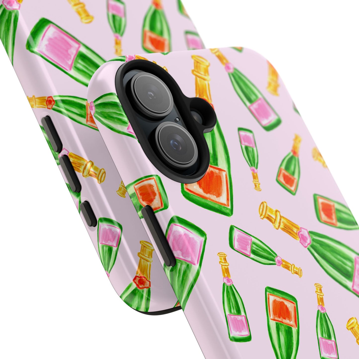 Tossed Pink and Green & Orange and Green Watercolor Illustrated Champagne Bottles Pattern Blush Pink Tough Phone Case | Various Models