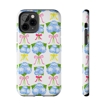 Blue Hydrangeas with Hot Pink, Yellow, Light Pink Bows Watercolor Illustrated Patterned Tough Phone Case | Various Models