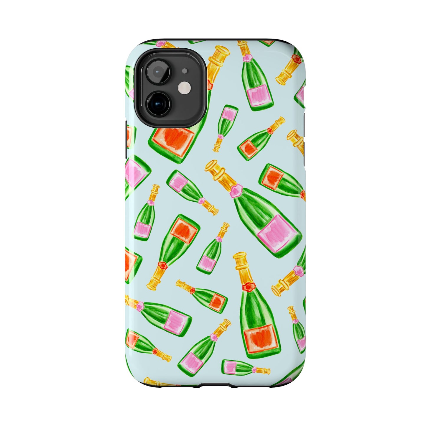 Tossed Pink and Green & Orange and Green Watercolor Illustrated Champagne Bottles Pattern Light Blue Tough Phone Case | Various Models