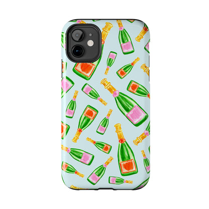 Tossed Pink and Green & Orange and Green Watercolor Illustrated Champagne Bottles Pattern Light Blue Tough Phone Case | Various Models