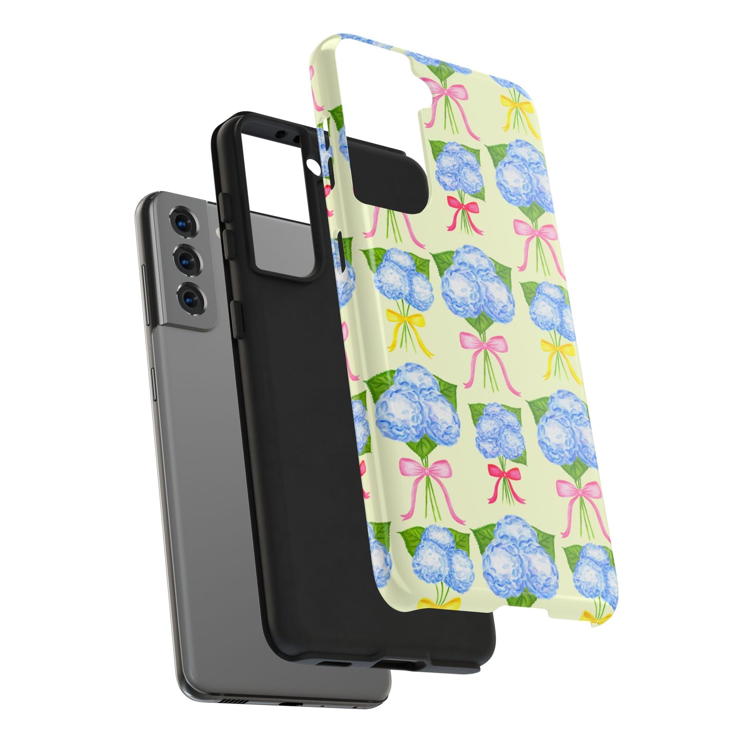 Blue Hydrangeas with Hot Pink, Yellow, Light Pink Bows Watercolor Illustrated Patterned Light Yellow Tough Phone Case | Various Models