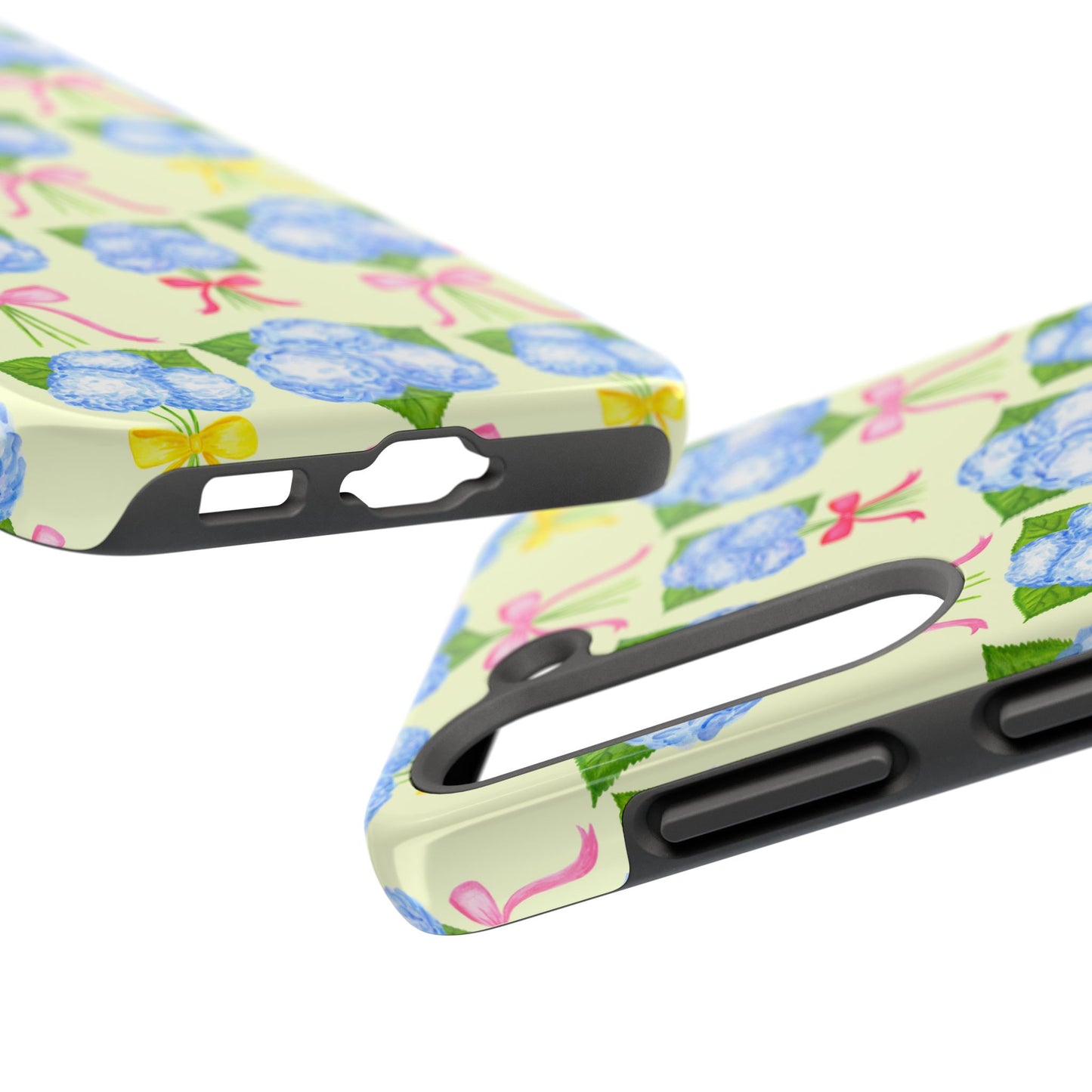 Blue Hydrangeas with Hot Pink, Yellow, Light Pink Bows Watercolor Illustrated Patterned Light Yellow Tough Phone Case | Various Models