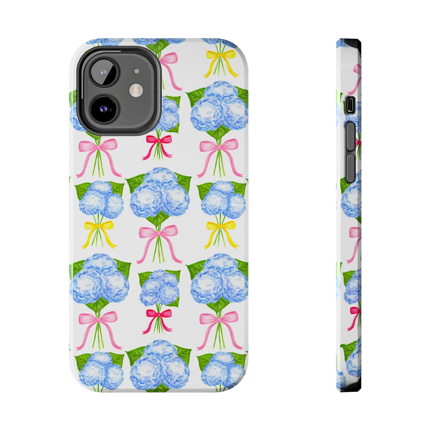 Blue Hydrangeas with Hot Pink, Yellow, Light Pink Bows Watercolor Illustrated Patterned Tough Phone Case | Various Models