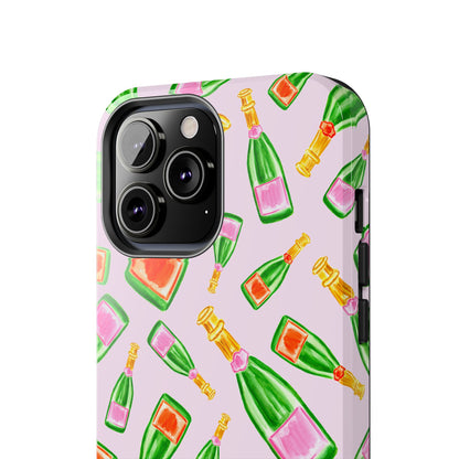 Tossed Pink and Green & Orange and Green Watercolor Illustrated Champagne Bottles Pattern Blush Pink Tough Phone Case | Various Models