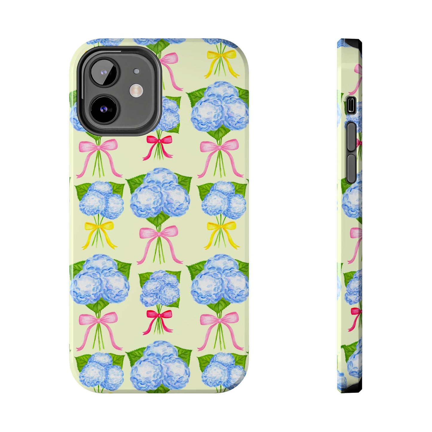 Blue Hydrangeas with Hot Pink, Yellow, Light Pink Bows Watercolor Illustrated Patterned Light Yellow Tough Phone Case | Various Models