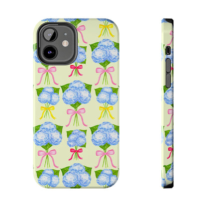 Blue Hydrangeas with Hot Pink, Yellow, Light Pink Bows Watercolor Illustrated Patterned Light Yellow Tough Phone Case | Various Models