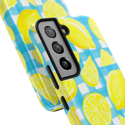 Yellow Lemons & Turquoise Gingham Watercolor Illustrated Tough Phone Case | Various Models Available