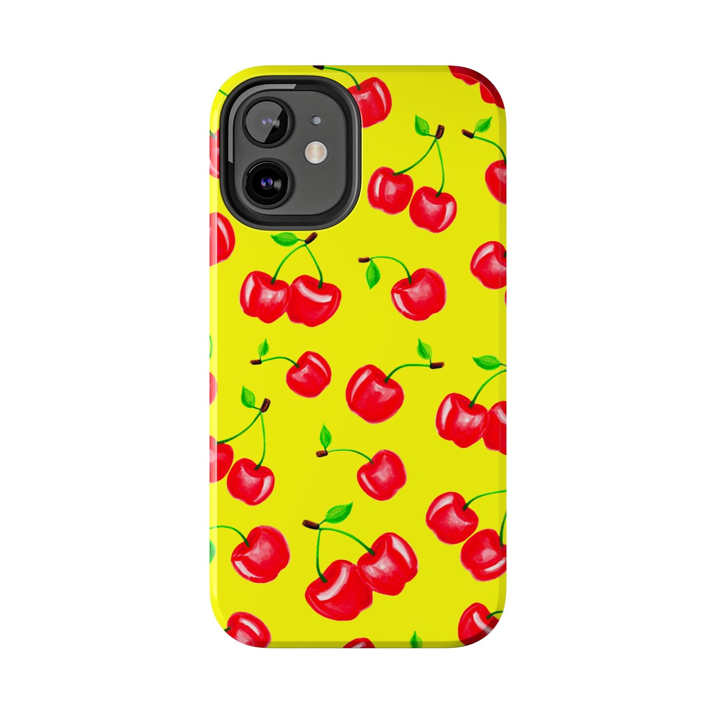 Tossed Red Watercolor Cherries Illustrated Pattern Bright Yellow Tough Phone Case | Various Models