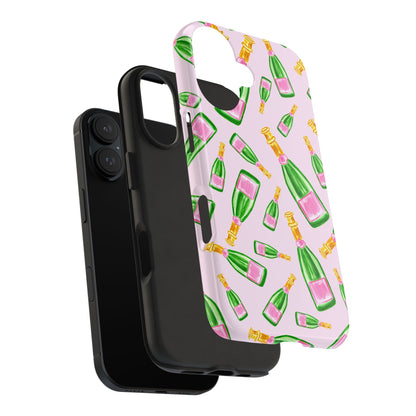 Tossed Pink and Green Watercolor Illustrated Champagne Bottles Pattern Blush Pink Tough Phone Case | Various Models