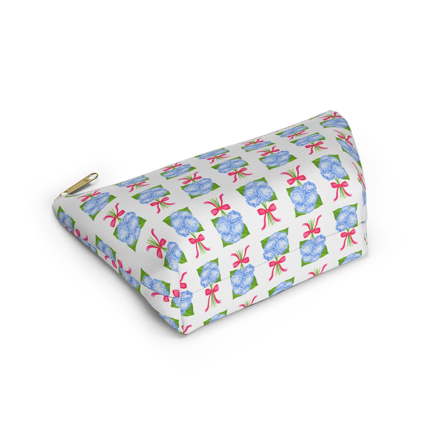 Blue Hydrangea Bouquets with Hot Pink Bows Watercolor Illustrated Printed Accessory Pouch T-Bottom | Large or Small