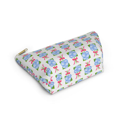 Blue Hydrangea Bouquets with Hot Pink Bows Watercolor Illustrated Printed Accessory Pouch T-Bottom | Large or Small