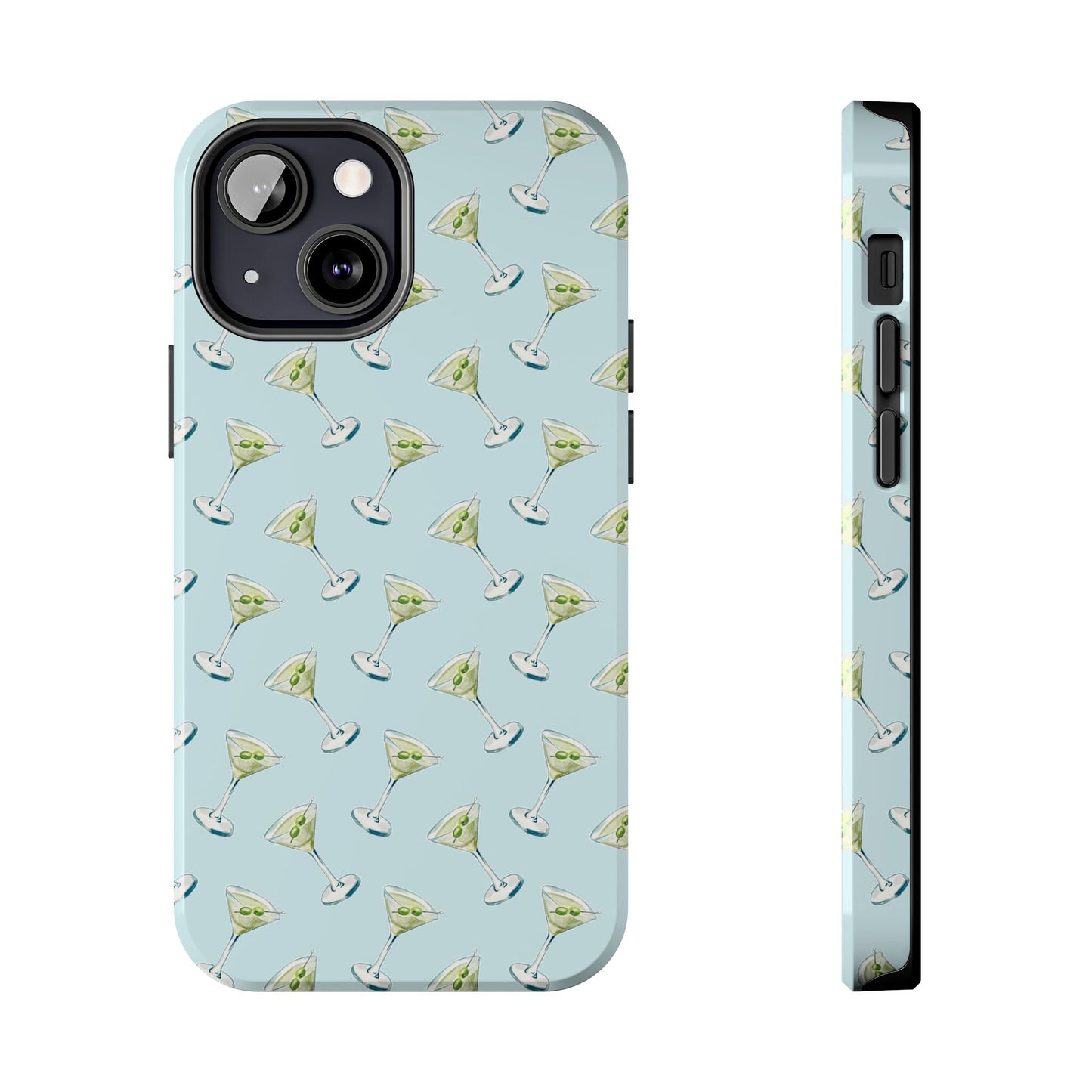 Blue Mini Martini Watercolor Illustrated Tossed Pattern Tough Phone Case | Various Models Available iPhone 13 Mini