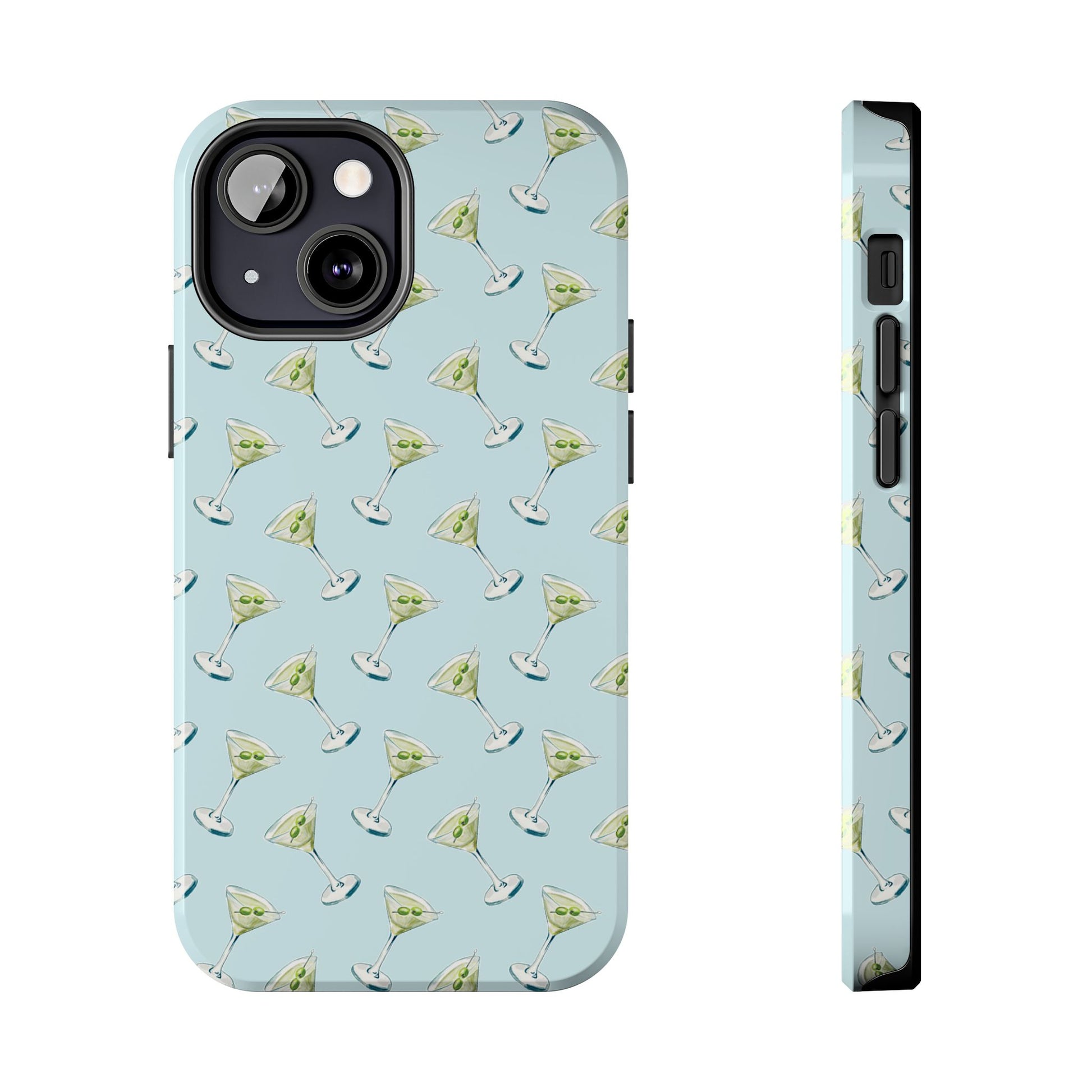 Blue Mini Martini Watercolor Illustrated Tossed Pattern Tough Phone Case | Various Models Available iPhone 13 Mini