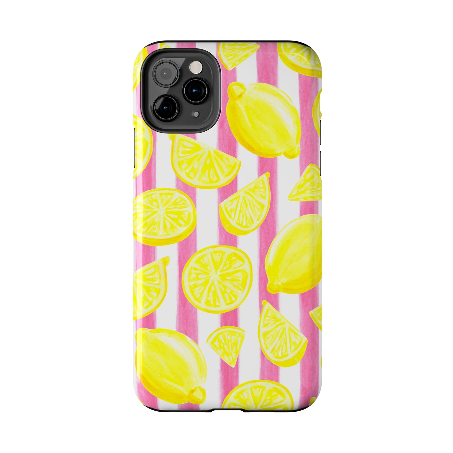 Pink Lemonade Yellow Lemons with Pink & White Watercolor Stripes Tough Phone Case