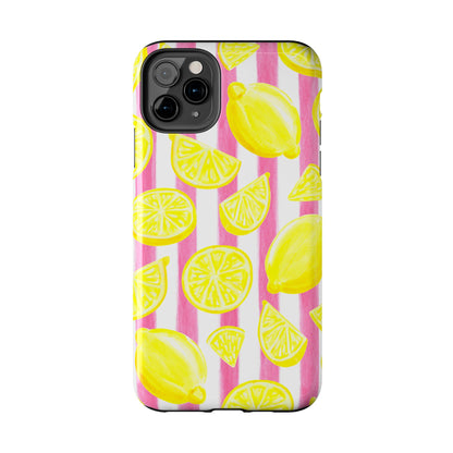 Pink Lemonade Yellow Lemons with Pink & White Watercolor Stripes Tough Phone Case