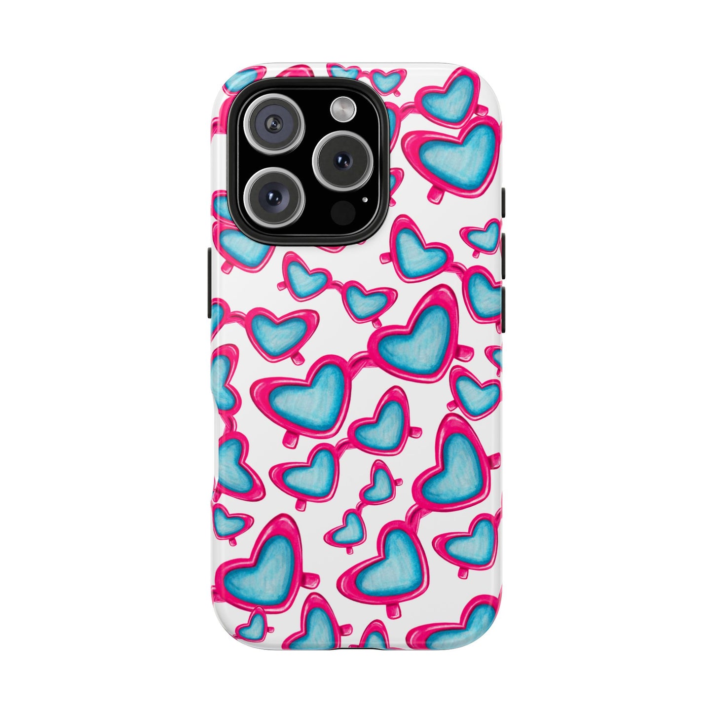 Pink & Blue Heart Shaped Sunglasses Watercolor Illustrated Tossed Pattern Tough Case | Various Models iPhone 16 Pro