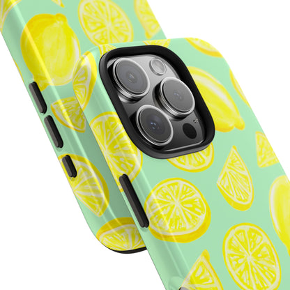 Bright Yellow Lemons Watercolor Illustrated Tossed Pattern Mint Green Tough Phone Case | Various Models