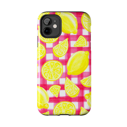 Yellow Lemons & Hot Pink Gingham Watercolor Illustrated Tough Phone Case | Various Models Available