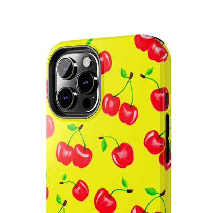 Tossed Red Watercolor Cherries Illustrated Pattern Bright Yellow Tough Phone Case | Various Models
