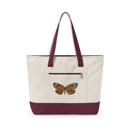 Orange & Black Watercolor Butterfly Printed Zippered Canvas Tote 18" x 14" | Various Colors 18" x 14" x 4.5" Natural Maroon
