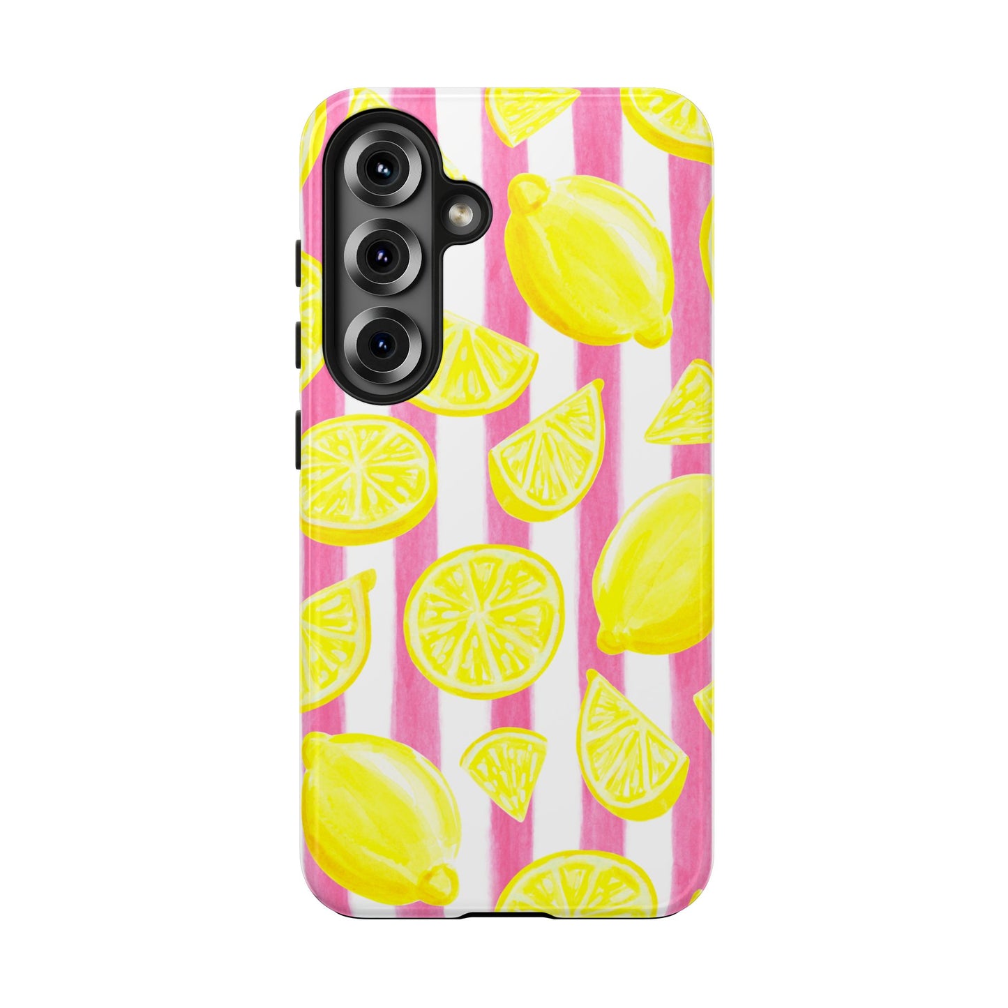Pink Lemonade Yellow Lemons with Pink & White Watercolor Stripes Tough Phone Case