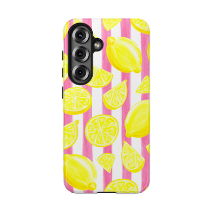 Pink Lemonade Yellow Lemons with Pink & White Watercolor Stripes Tough Phone Case