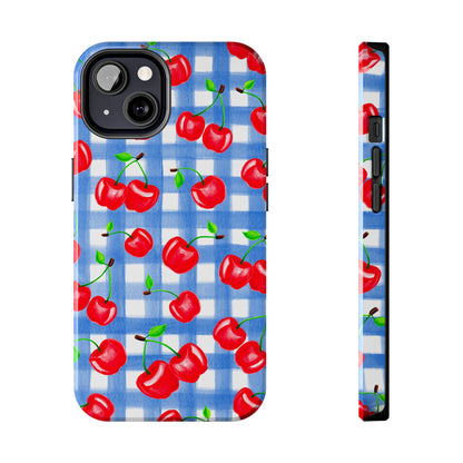Tossed Red Watercolor Illustrated Cherries Light Blue Gingham Tough Phone Case | Various Models
