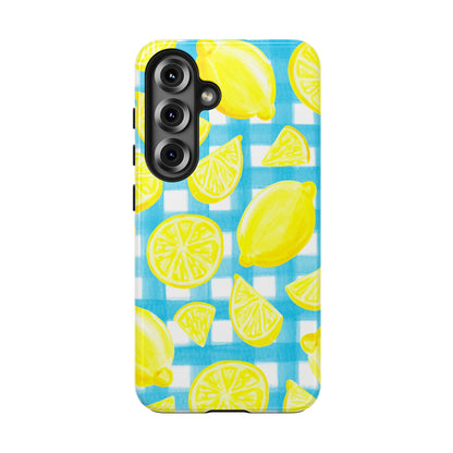 Yellow Lemons & Turquoise Gingham Watercolor Illustrated Tough Phone Case | Various Models Available