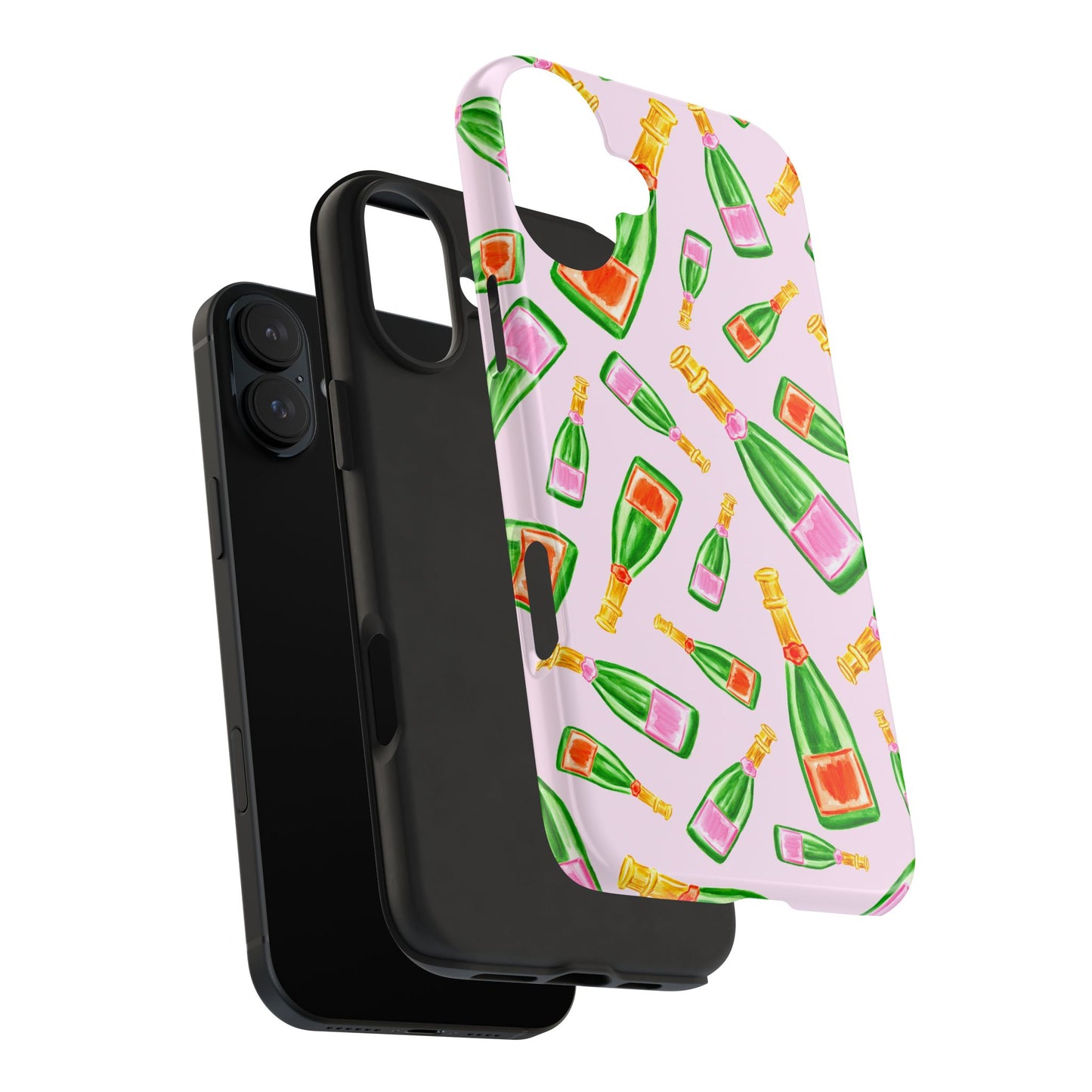 Tossed Pink and Green & Orange and Green Watercolor Illustrated Champagne Bottles Pattern Blush Pink Tough Phone Case | Various Models