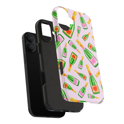 Tossed Pink and Green & Orange and Green Watercolor Illustrated Champagne Bottles Pattern Blush Pink Tough Phone Case | Various Models
