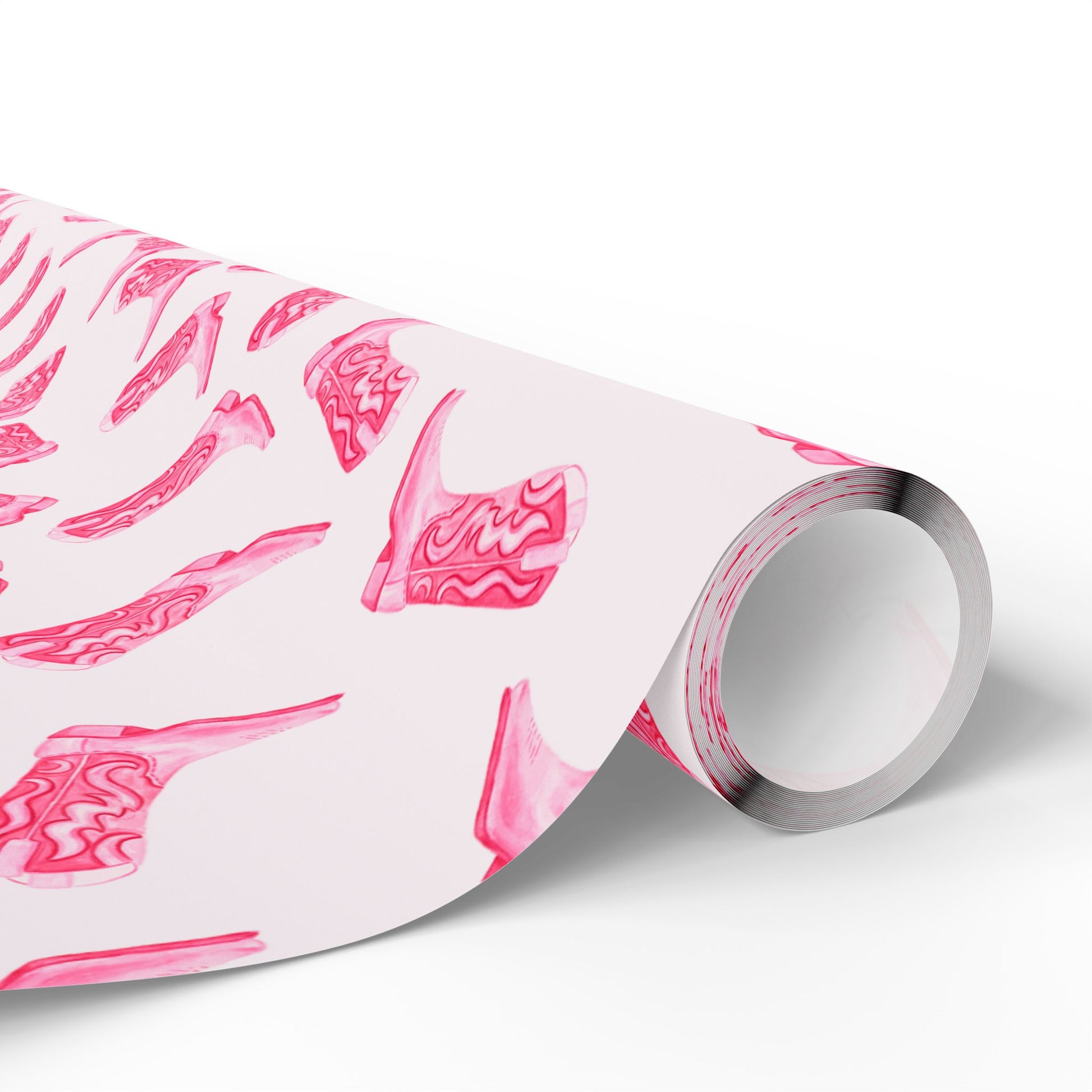 Gift Wrap | Watercolor Hot Pink Cowboy Boots Tossed Pattern | Matte or Glossy