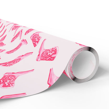 Gift Wrap | Watercolor Hot Pink Cowboy Boots Tossed Pattern | Matte or Glossy