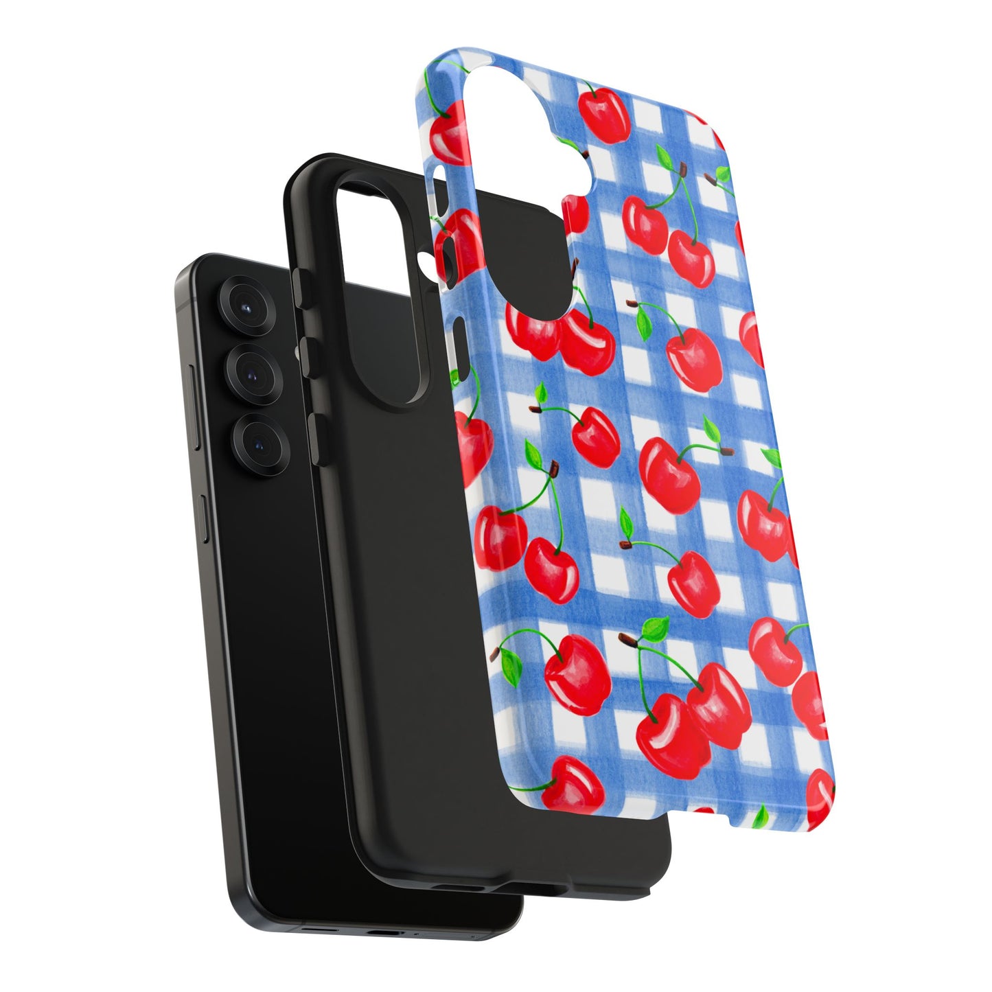 Tossed Red Watercolor Illustrated Cherries Light Blue Gingham Tough Phone Case | Various Models