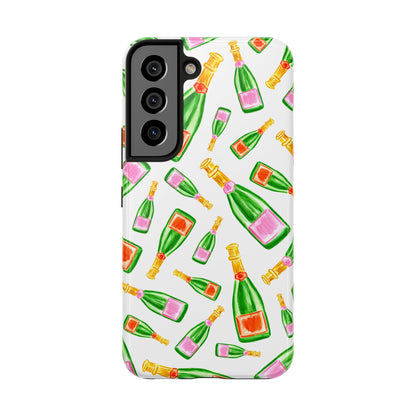 Tossed Pink and Green & Orange and Green Watercolor Illustrated Champagne Bottles Pattern Tough Phone Case | Various Models