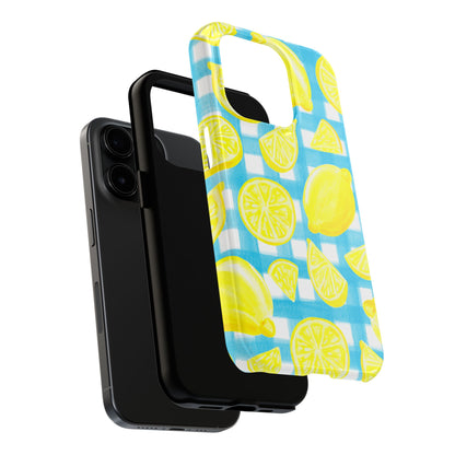 Yellow Lemons & Turquoise Gingham Watercolor Illustrated Tough Phone Case | Various Models Available