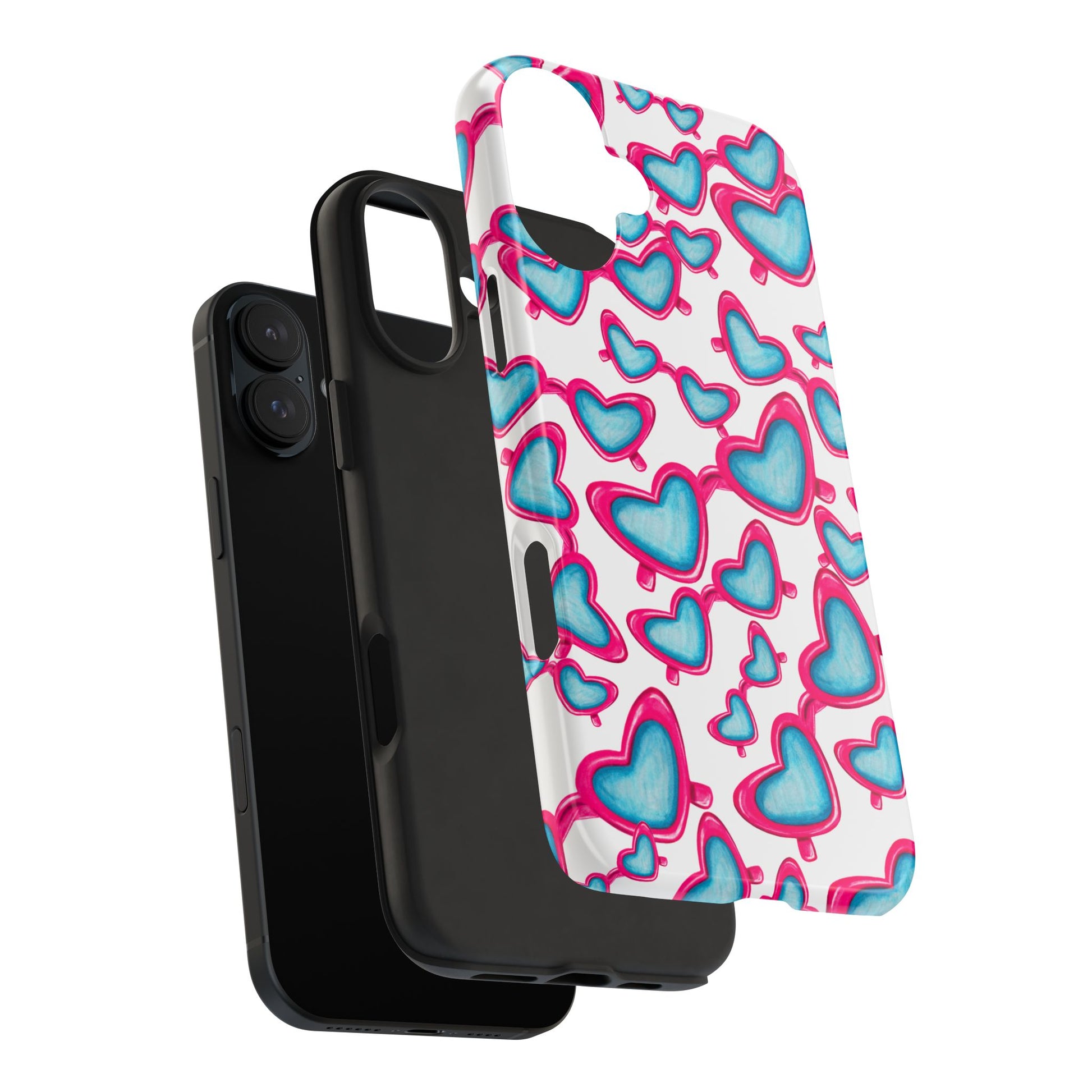 Pink & Blue Heart Shaped Sunglasses Watercolor Illustrated Tossed Pattern Tough Case | Various Models