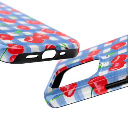 Tossed Red Watercolor Illustrated Cherries Light Blue Gingham Tough Phone Case | Various Models