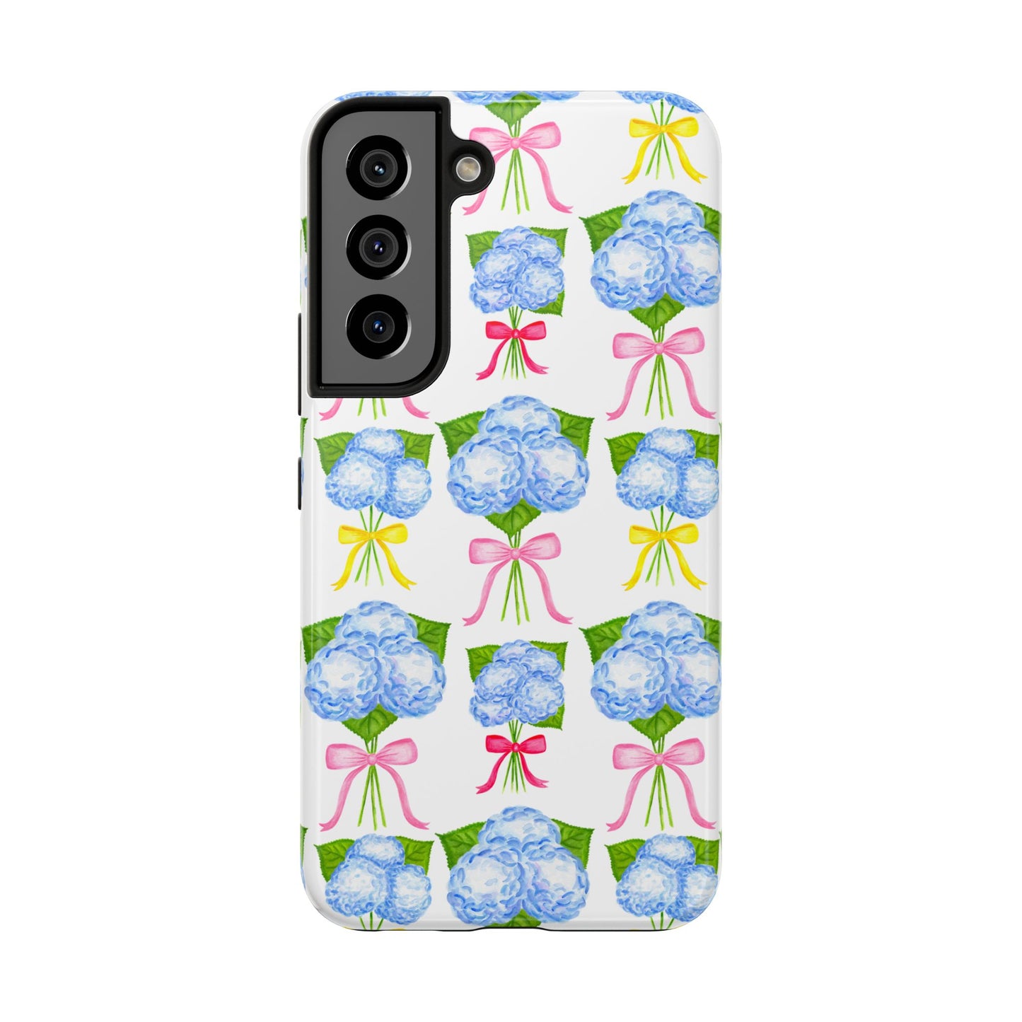 Blue Hydrangeas with Hot Pink, Yellow, Light Pink Bows Watercolor Illustrated Patterned Tough Phone Case | Various Models