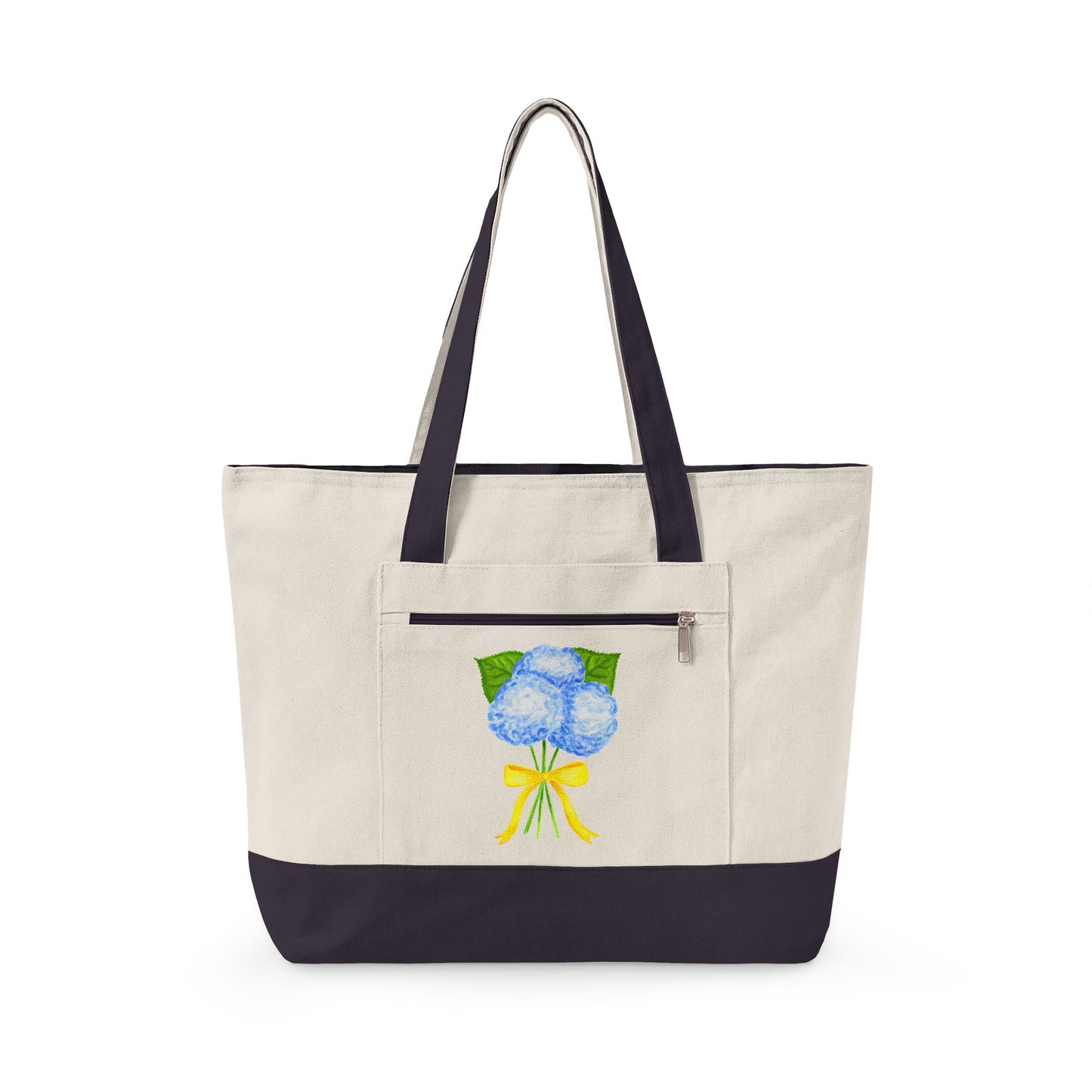 Blue Watercolor Hydrangeas with Yellow Bow Illustration Printed Zippered Canvas Tote 18" x 14" | Various Colors