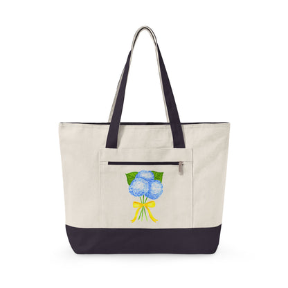 Blue Watercolor Hydrangeas with Yellow Bow Illustration Printed Zippered Canvas Tote 18" x 14" | Various Colors