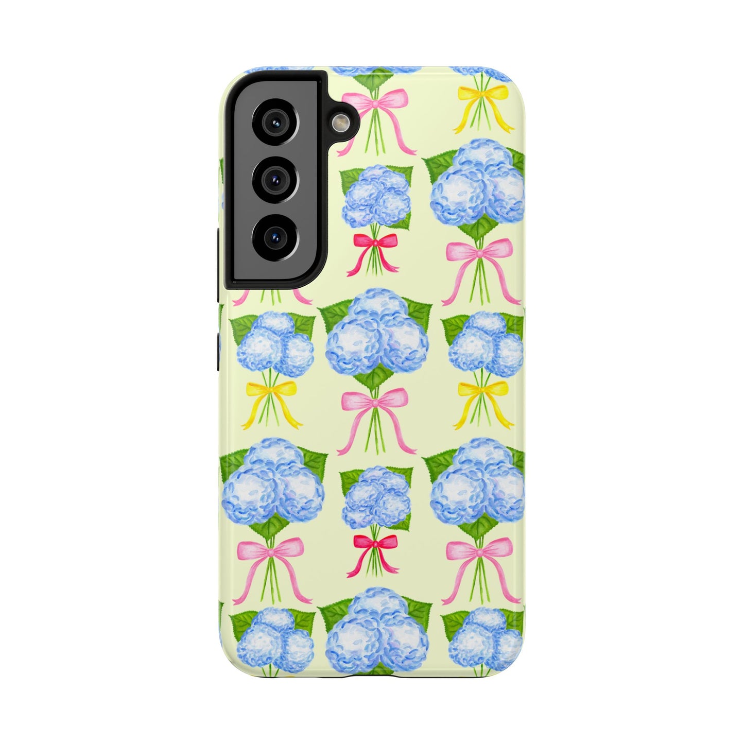 Blue Hydrangeas with Hot Pink, Yellow, Light Pink Bows Watercolor Illustrated Patterned Light Yellow Tough Phone Case | Various Models