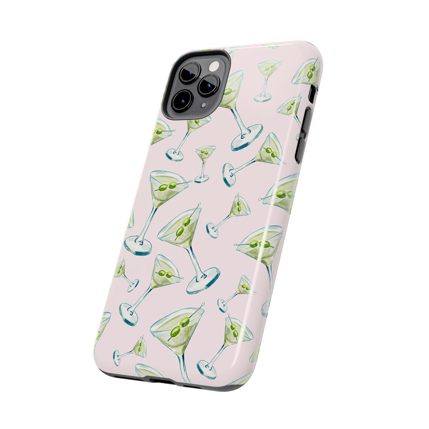 Watercolor Blue and Green Martinis Tossed Illustrated Pattern Blush Pink Tough Phone Case | Various Models