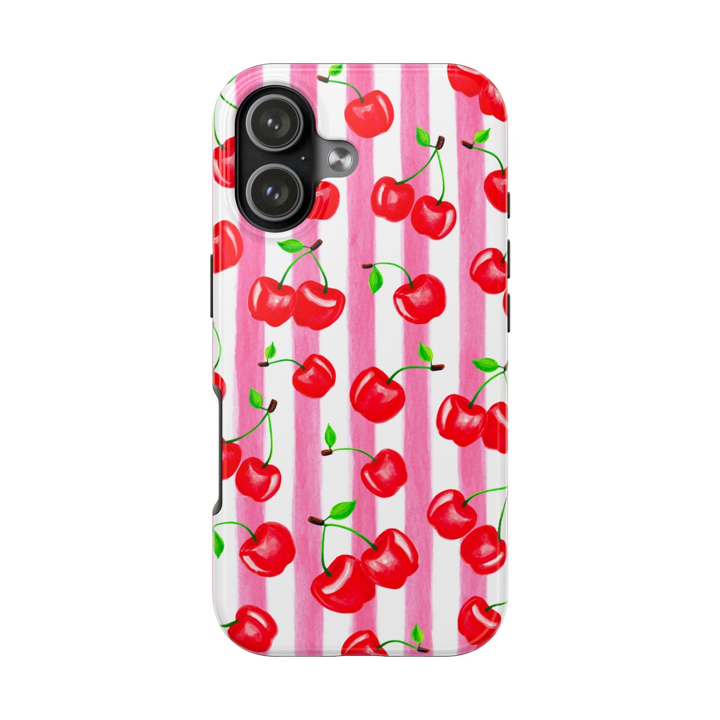 Tossed Red Watercolor Cherries Illustrated Pattern Light Pink Stripes Tough Phone Case | Various Models