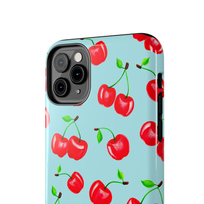 Tossed Red Watercolor Cherries Illustrated Pattern Bright Blue Tough Phone Case | Various Models
