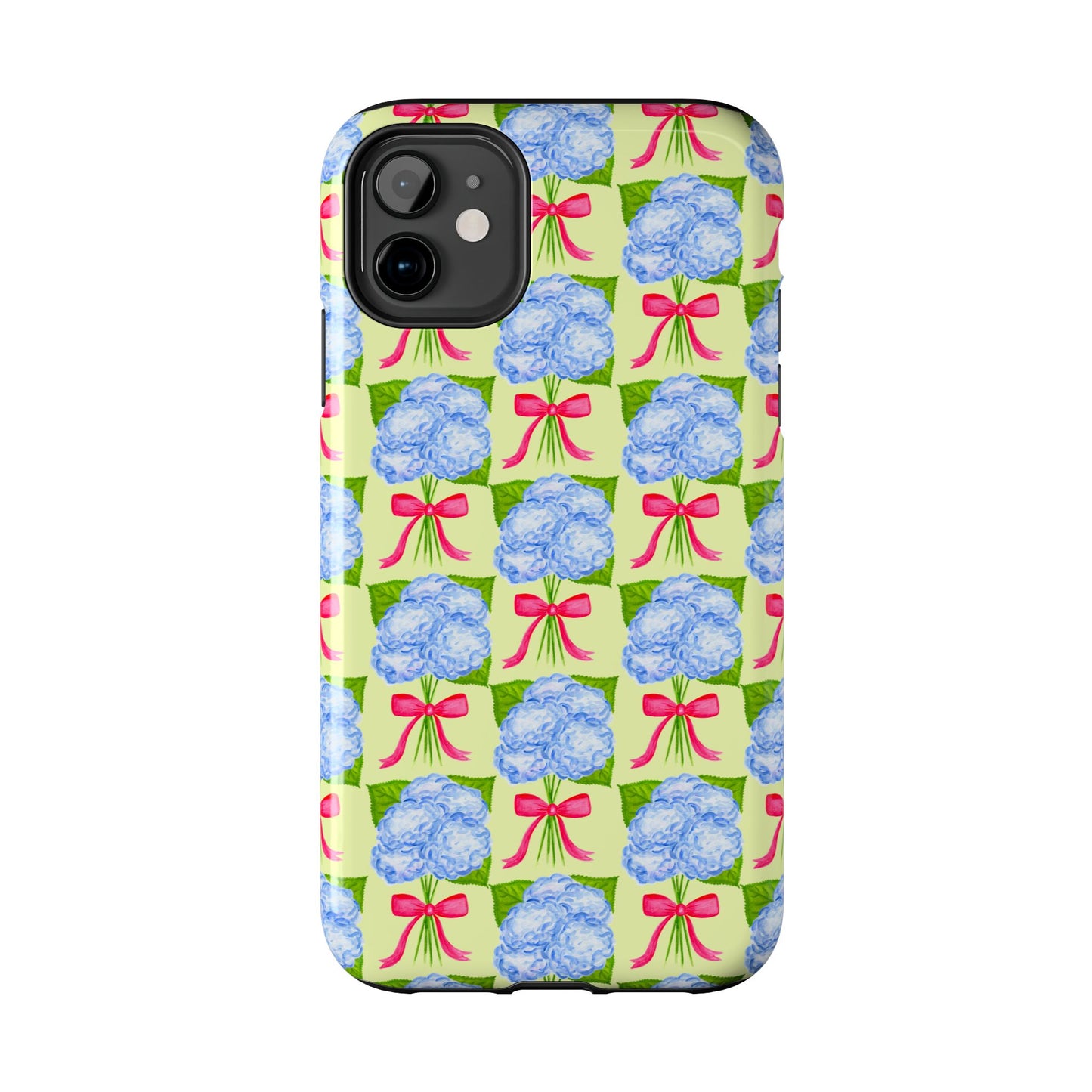 Blue Watercolor Hydrangea Bouquets with Hot Pink Bows Illustrated Patterned Yellow Preppy Grand Millenial Tough Phone Case | Various Models